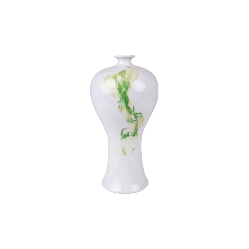 Jarrón de porcelana blanco con acuarela verde y forma de reloj de arena