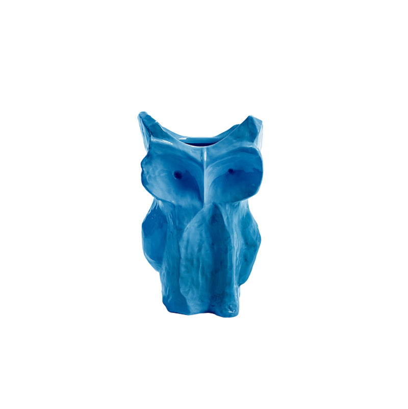 Jarrón de cerámica con forma de búho azul, con abertura superior.