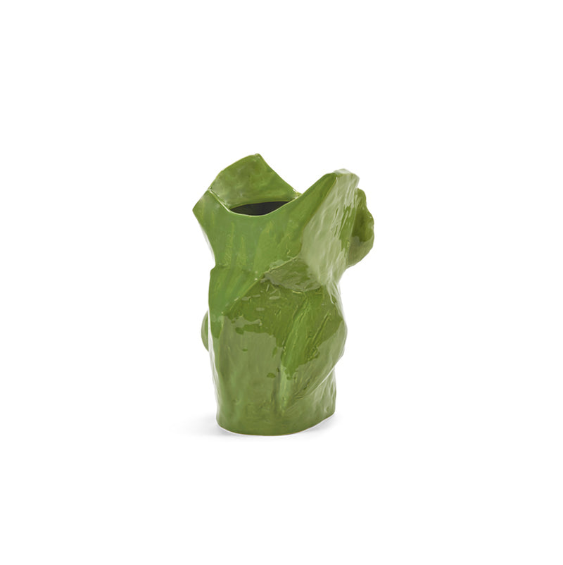 Jarrón de cerámica con figura de búho verde, vista lateral, boca abierta superior