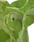 Jarrón de cerámica con búho verde, detalle de la abertura superior y relieve