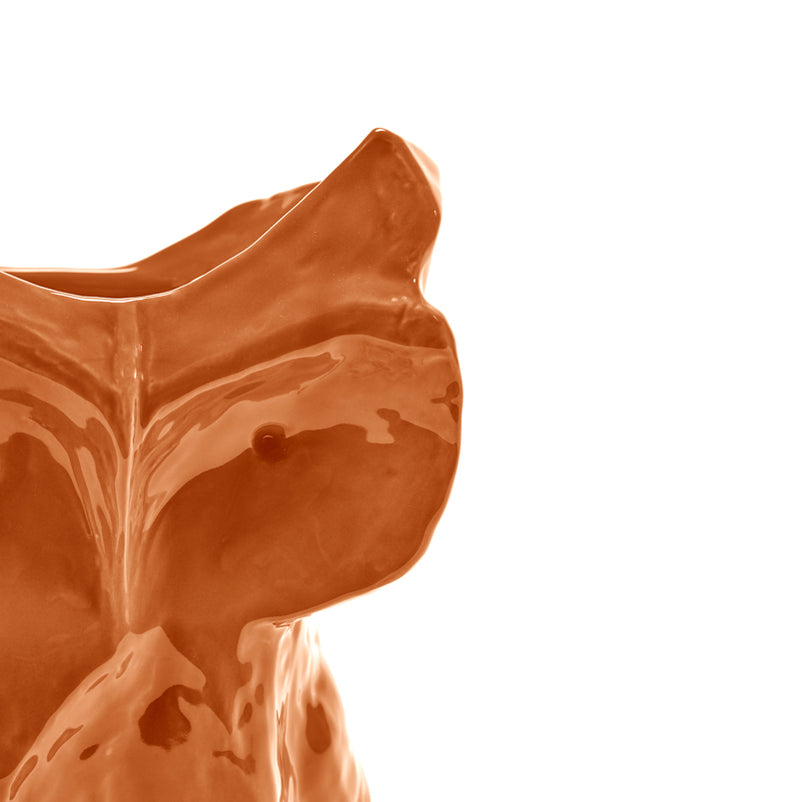 Jarrón de cerámica con búho naranja, primer plano del ala y el cuerpo, brillo