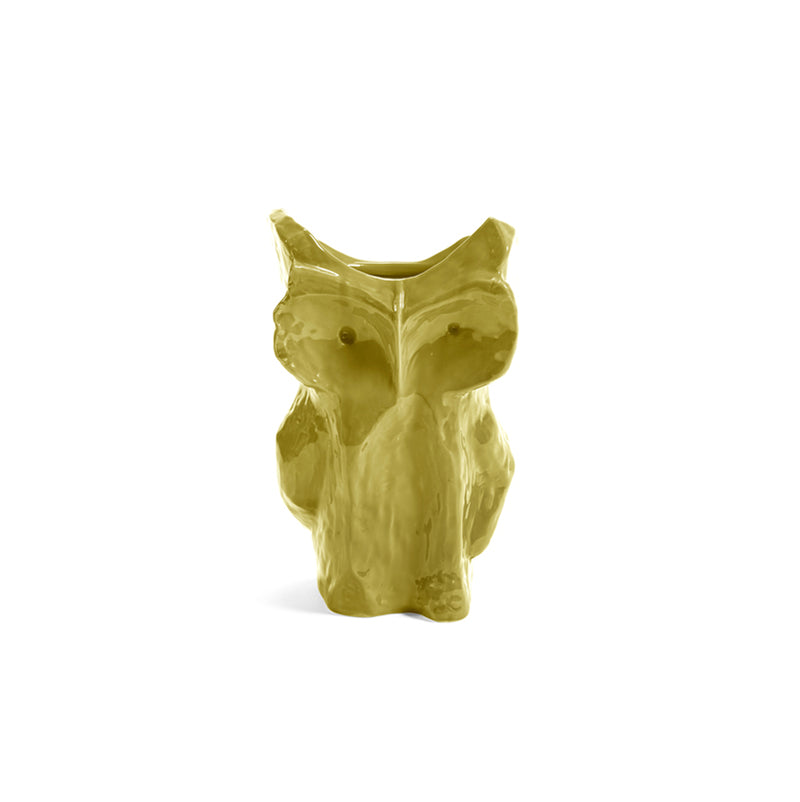 Jarrón de cerámica con forma de búho amarillo, cuenco abierto en la parte superior.