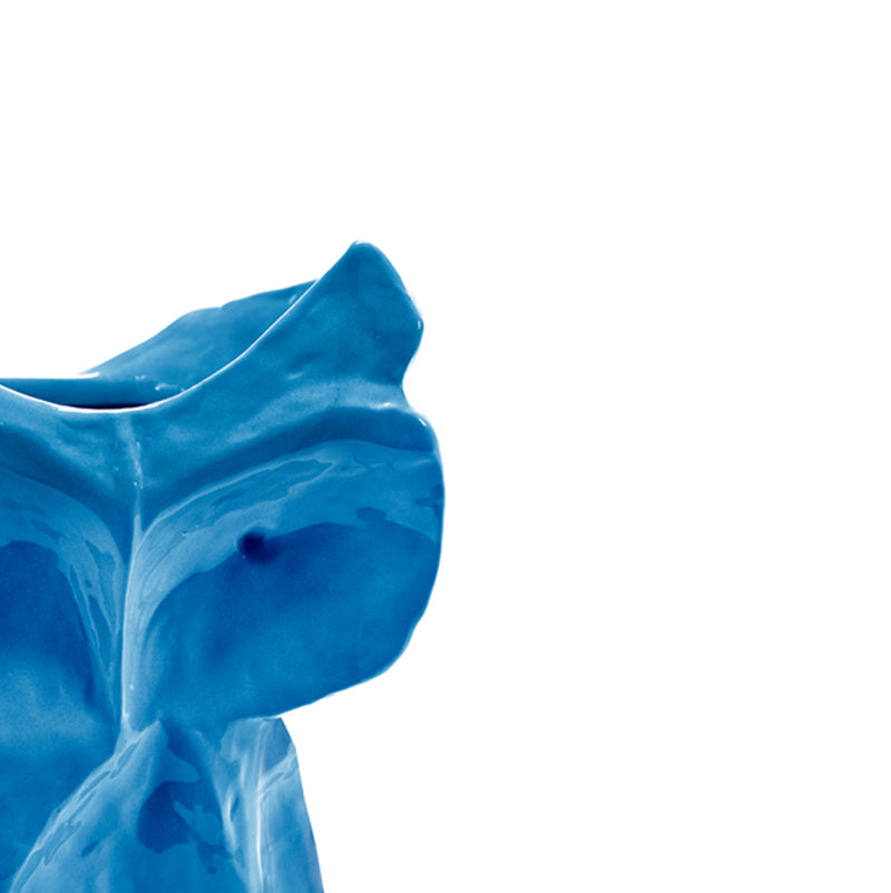 Jarrón de cerámica con forma de búho azul, detalle del rostro