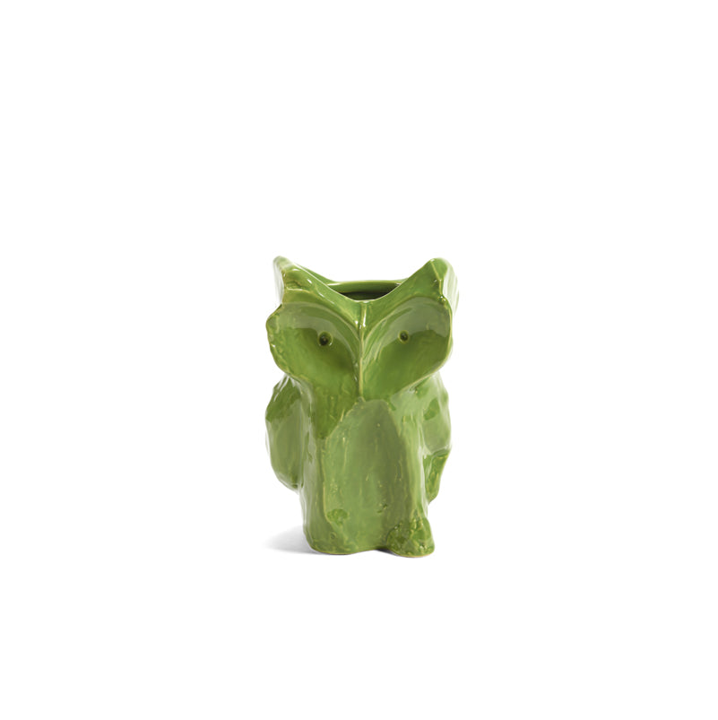 Jarrón de cerámica con forma de búho verde, acabado brillante