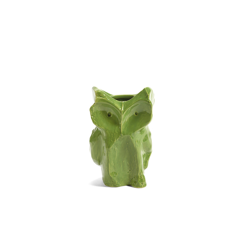 Jarrón de cerámica con forma de búho verde, acabado brillante