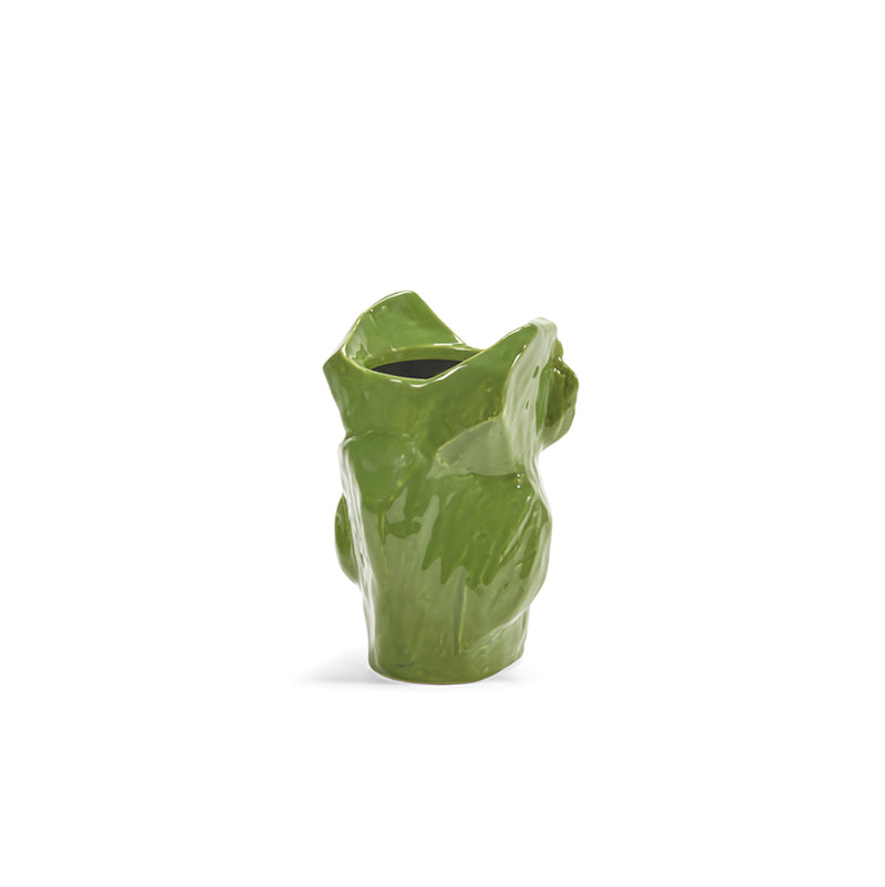 Jarrón de cerámica con forma de búho verde, vista lateral
