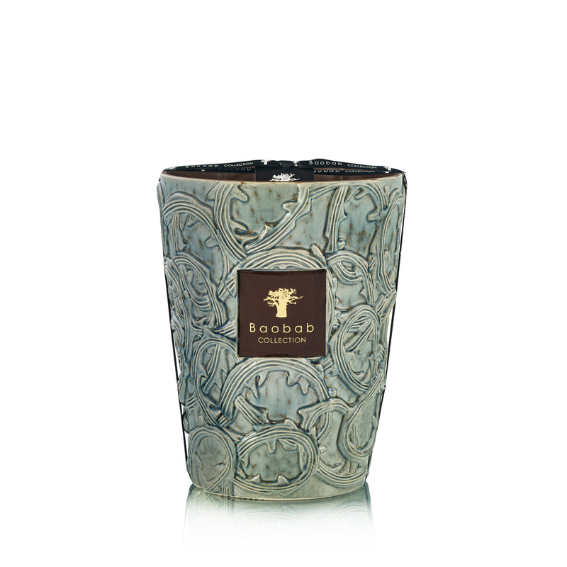 Vela Baobab en frasco azul turquesa con relieve, tapa negra con patrón y etiqueta Baobab