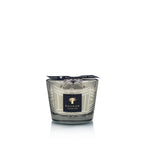 Vela en vaso de vidrio ahumado con patrón blanco y etiqueta Baobab Collection