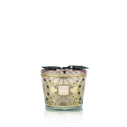 Vela en vaso de vidrio con estampado mandala beige y azul, etiqueta Rosace