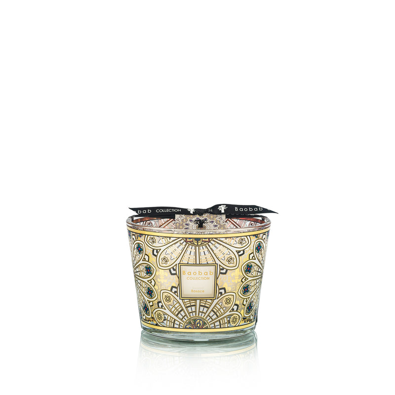 Vela en vaso de vidrio con estampado mandala beige y azul, etiqueta Rosace