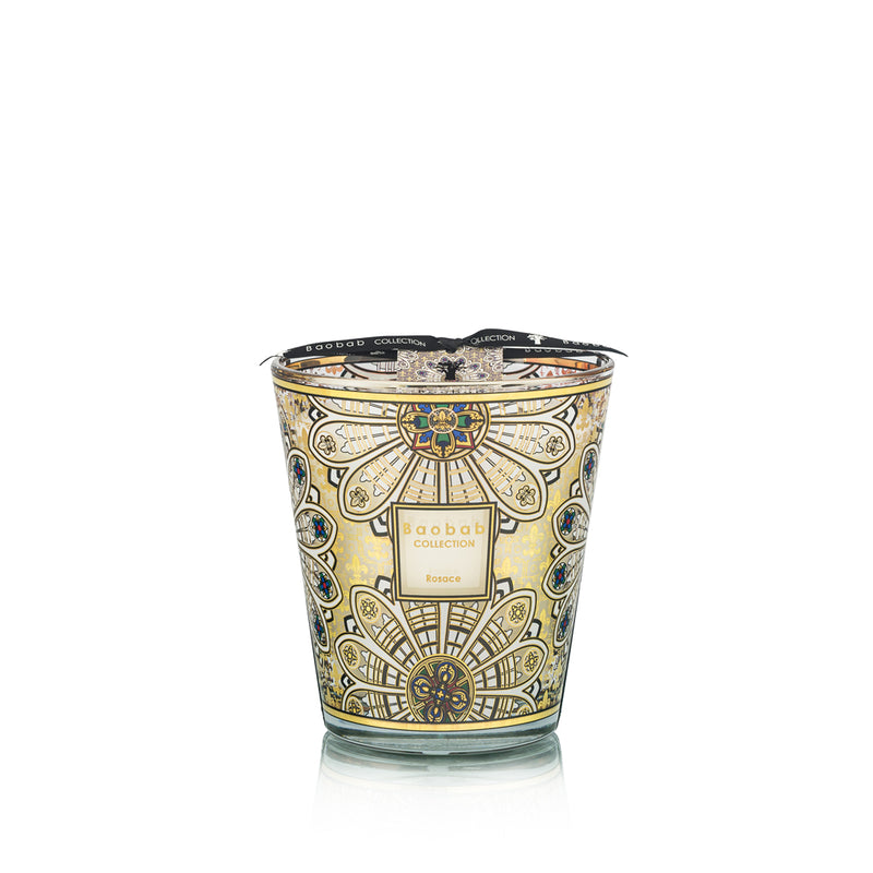 Vela en vaso de vidrio con estampado mandala beige, azul y dorado, etiqueta