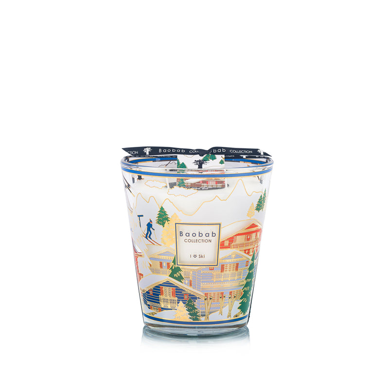 Vela Baobab en vaso de vidrio, diseño de esquí, etiqueta central 'Baobab Collection'.
