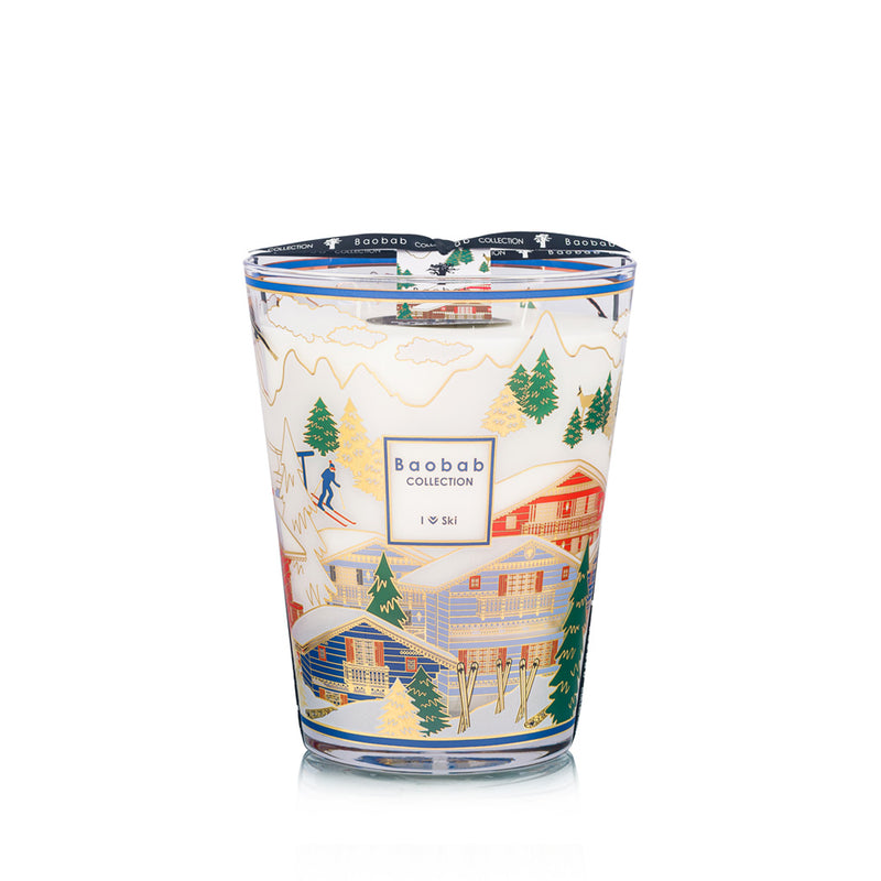 Vela Baobab en vaso de vidrio, diseño de esquí, montañas, pinos y casas en colores.