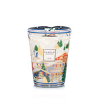 Vela Baobab en vaso de vidrio, diseño invernal de esquí con pinos y casitas.