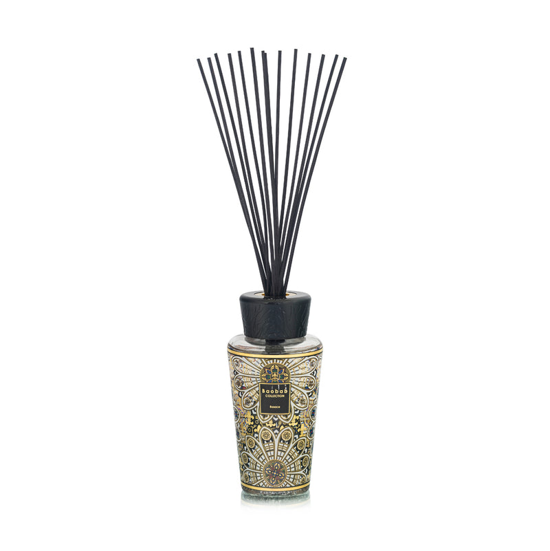 Difusor Baobab Rosace con varillas negras y tapa negra, frasco estampado