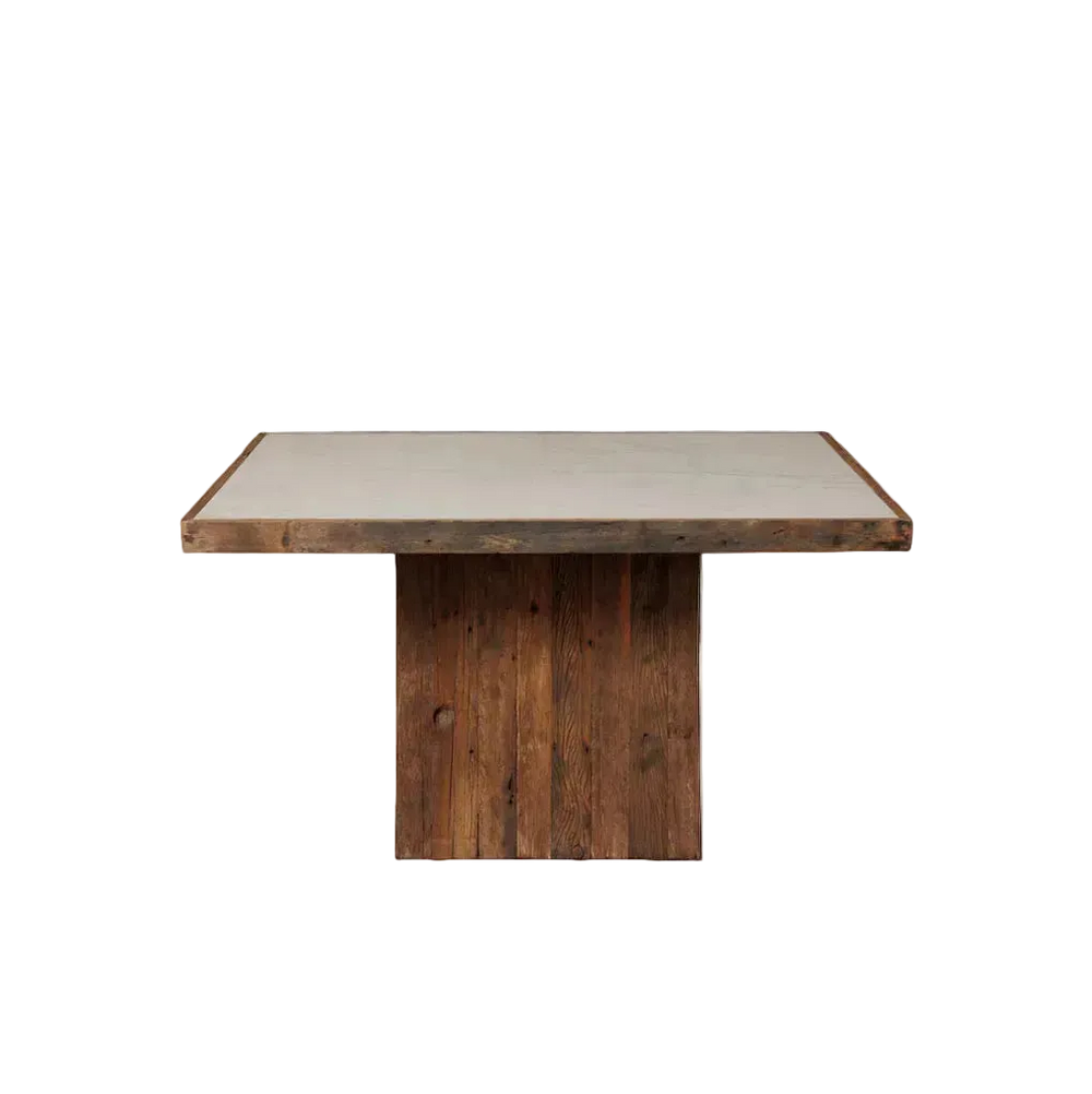 Mesa de comedor cuadrada de madera y mármol: tapa clara sobre base de madera