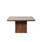 Mesa de comedor cuadrada de madera y mármol: tapa clara sobre base de madera