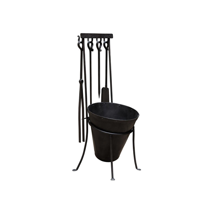 Set de utensilios para chimenea de metal negro con soporte y cubeta