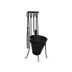 Set de utensilios para chimenea de metal negro con soporte y cubeta