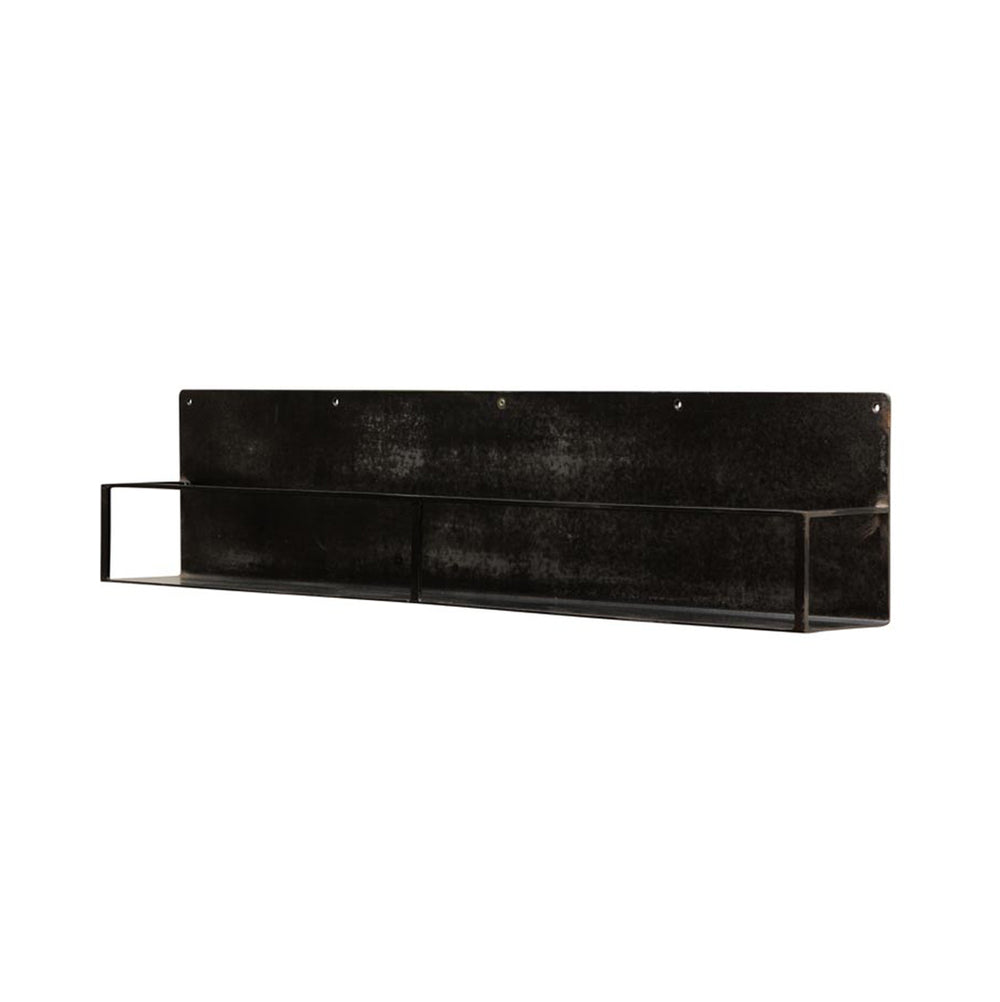 Estante de pared de hierro negro con repisa larga y soportes metálicos laterales