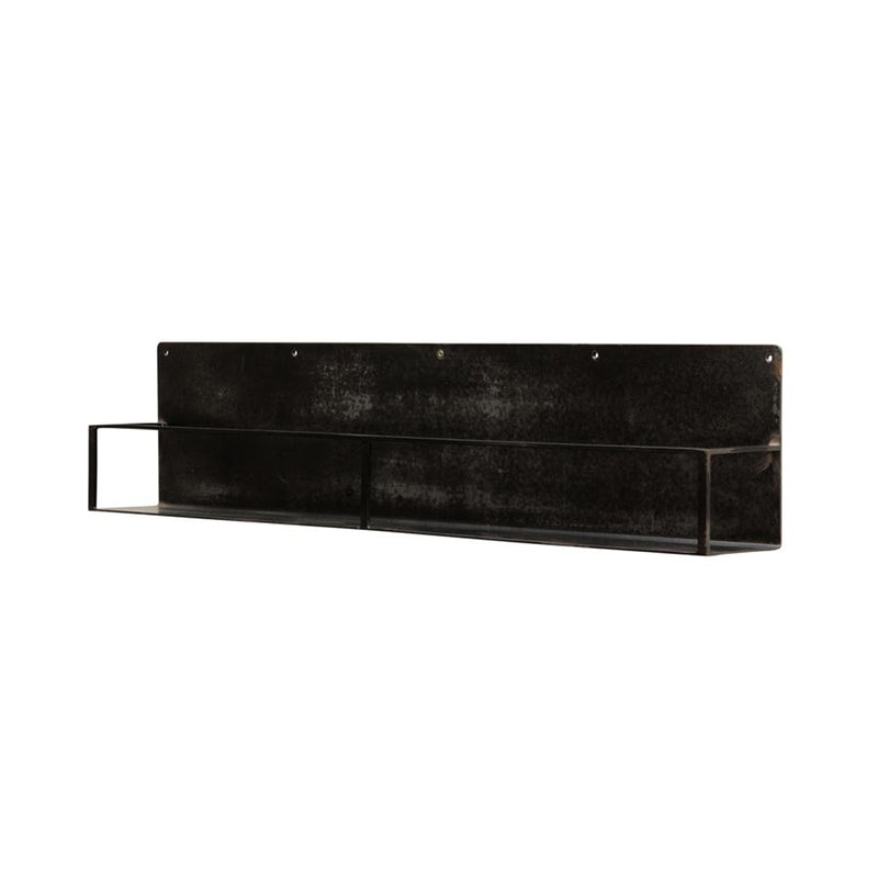 Estante de pared de hierro negro con repisa larga y soportes metálicos laterales