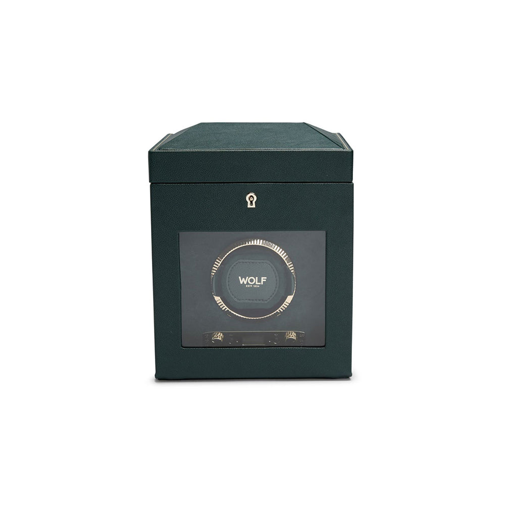 Caja de relojes verde oscuro con ventana frontal y cerradura metálica en la tapa
