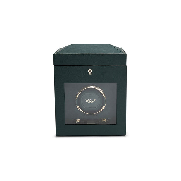 Caja de relojes verde oscuro con ventana frontal y cerradura metálica en la tapa