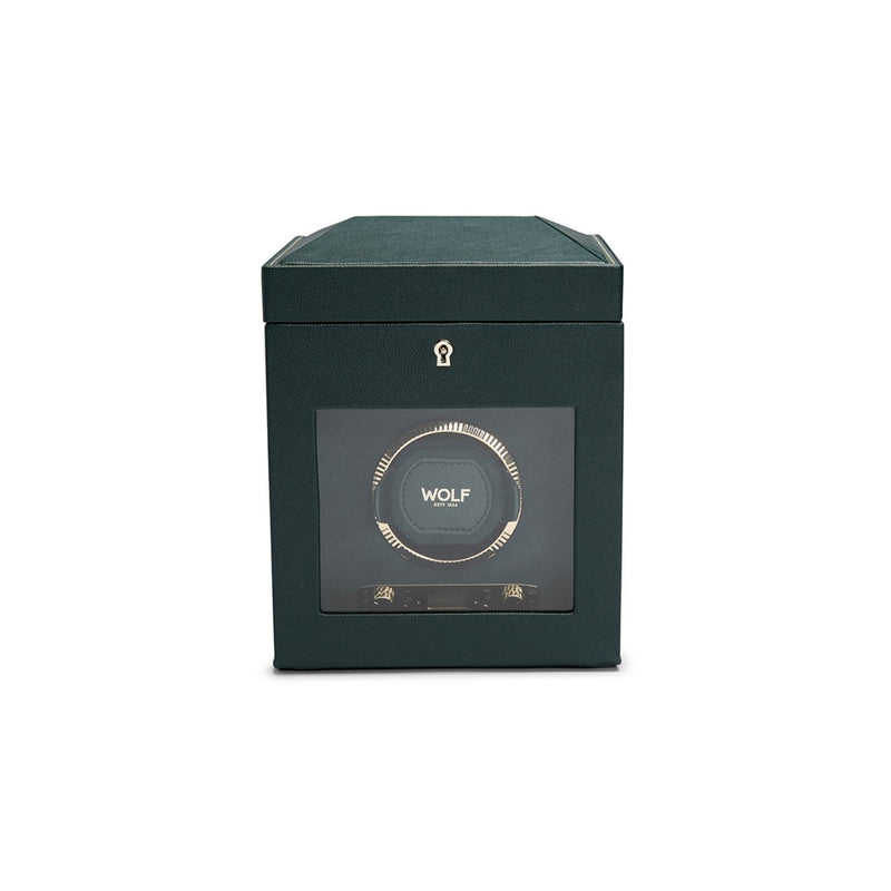 Caja de relojes verde oscuro con ventana frontal y cerradura metálica en la tapa