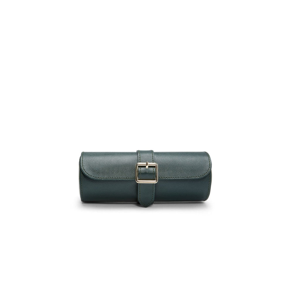 Estuche triple para relojes verde con tapa y hebilla metálica rectangular