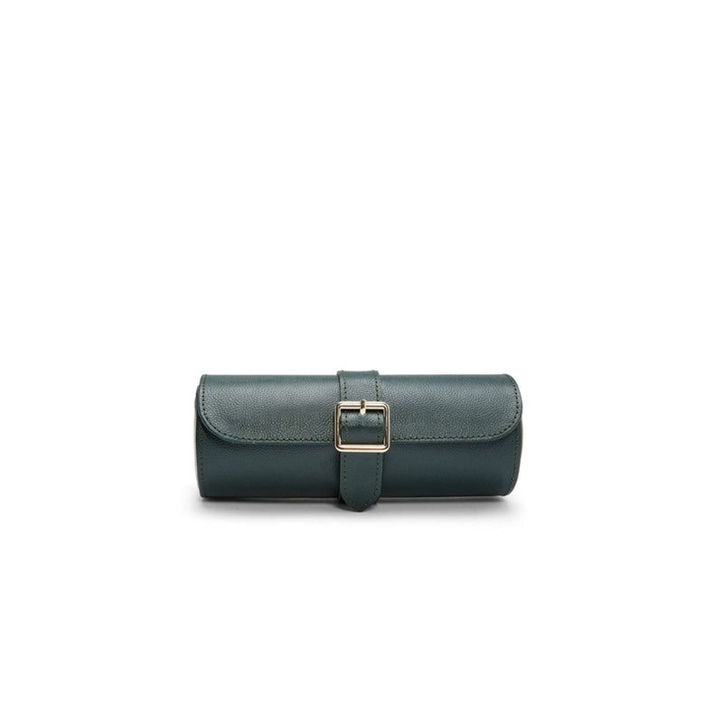 Estuche triple para relojes verde con tapa y hebilla metálica rectangular