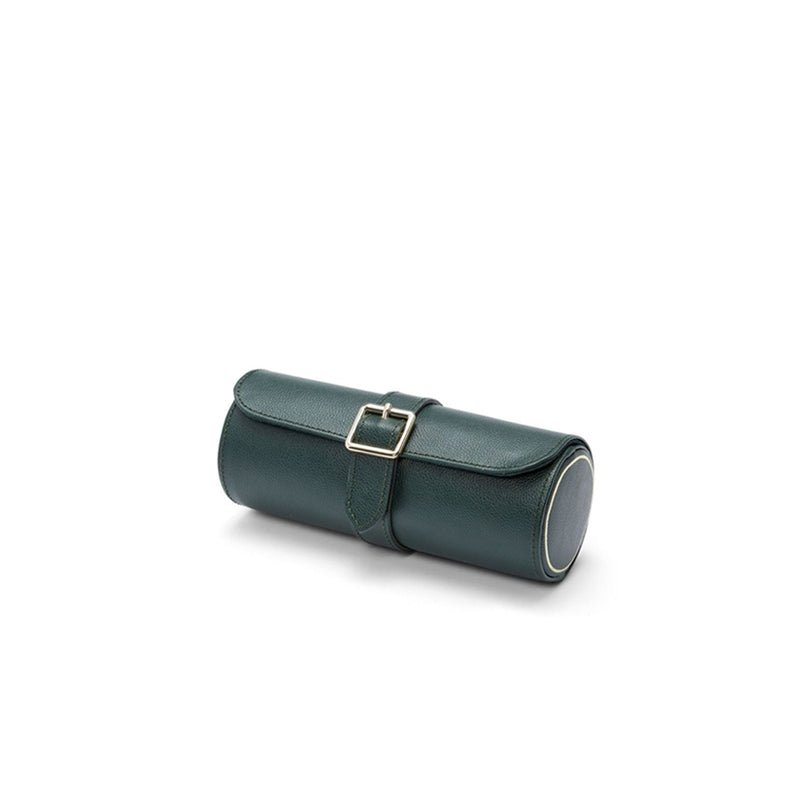 Estuche triple para relojes verde, vista lateral con hebilla en la solapa