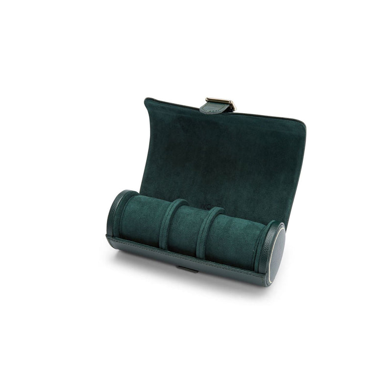 Estuche triple para relojes verde abierto, con tres almohadillas cilíndricas