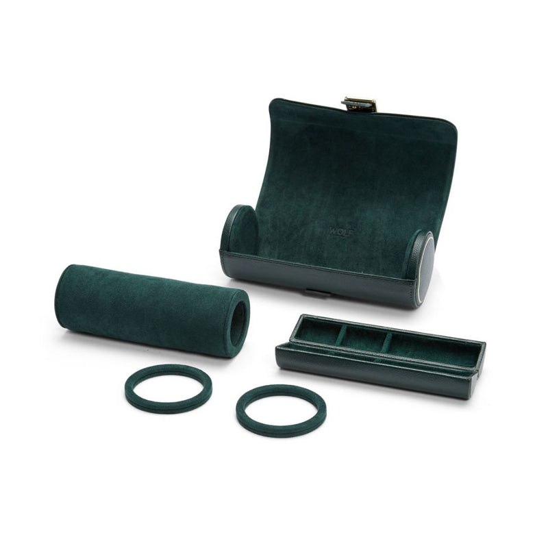 Estuche triple para relojes verde abierto, con base interior y separadores