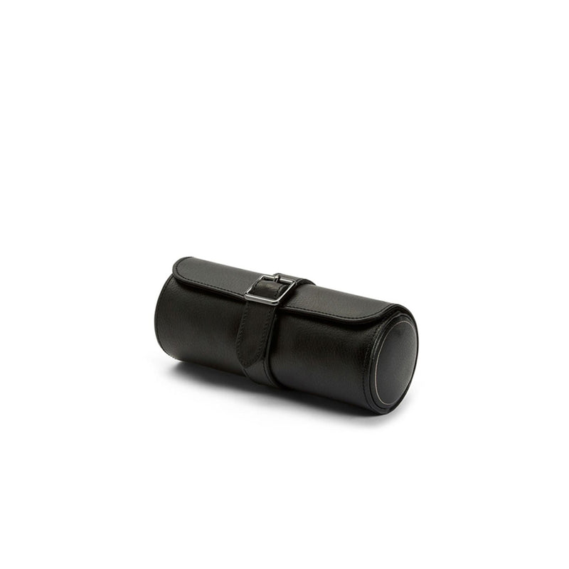 Estuche triple de relojes negro, vista lateral con cierre superior