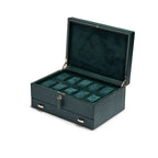 Estuche de 10 relojes verde oscuro abierto con almohadillas para correas y ranuras