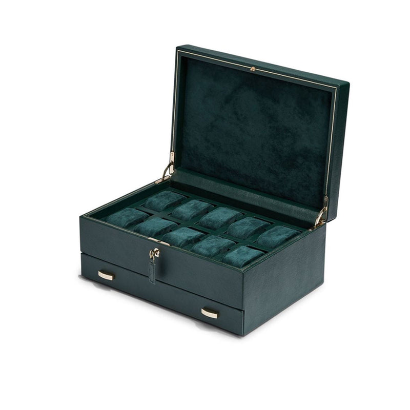 Estuche de 10 relojes verde oscuro abierto con almohadillas para correas y ranuras
