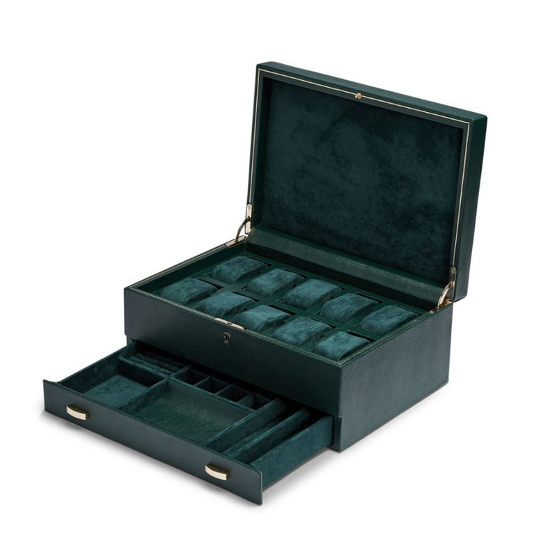 Estuche de 10 relojes verde oscuro abierto con bandeja inferior y separadores