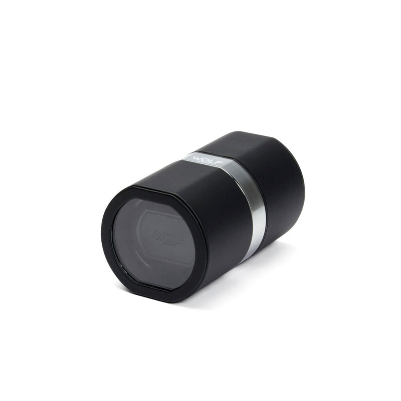 Enrollador de relojes automático WOLF negro, vista lateral con anillo plateado