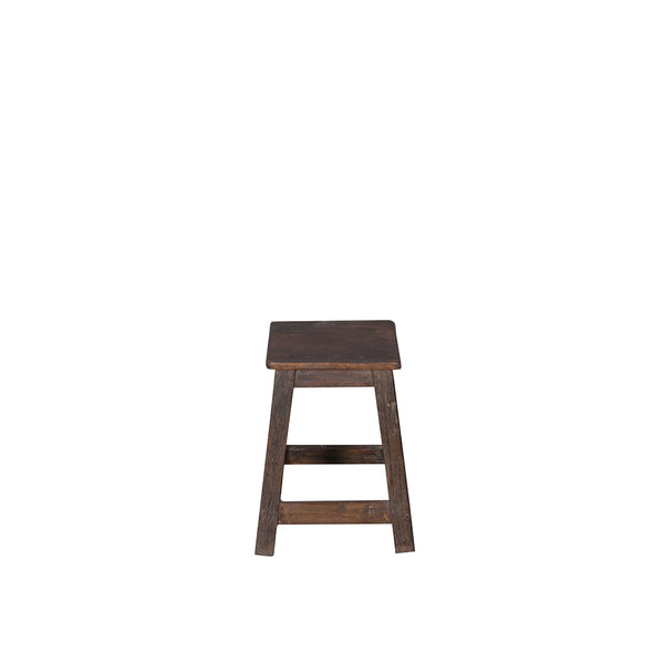Taburete de madera cuadrado oscuro con asiento y respaldo rectos