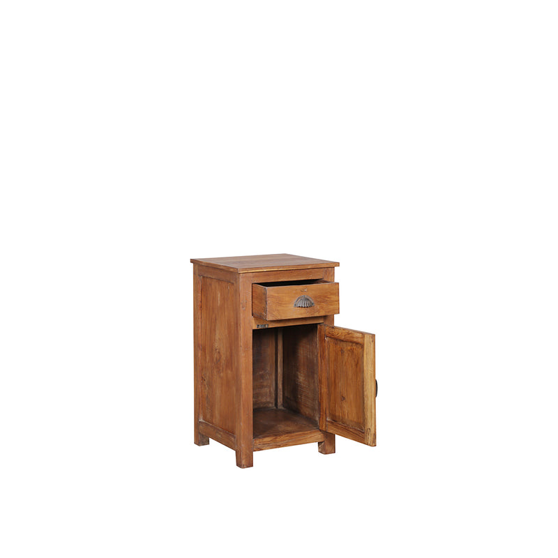 Aparador pequeño de madera Indian Treasures con puerta abierta y compartimento interior