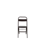 Silla plegable de hierro con asiento y respaldo oscuros, estructura metálica.