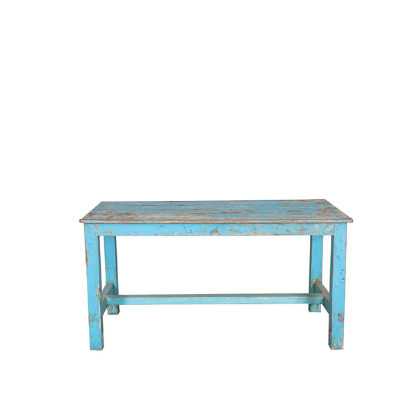 Mesa de comedor turquesa de madera, acabado desgastado y tablero con vetas