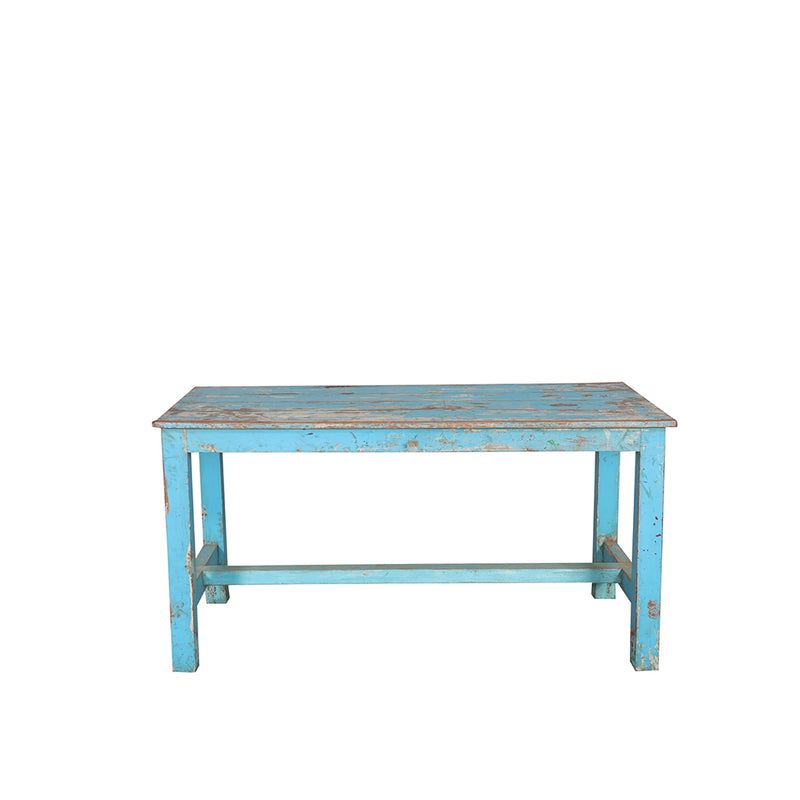 Mesa de comedor turquesa de madera, acabado desgastado y tablero con vetas