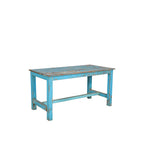 Mesa de comedor turquesa de madera, tablero rectangular y soporte inferior