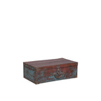 Baúl de madera rectangular con asa central, estilo antiguo azul y rojo