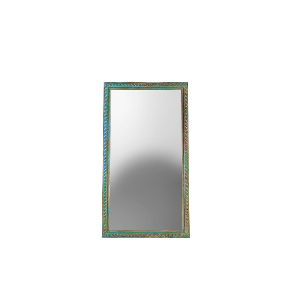 Espejo rectangular con marco de madera verde y grabados decorativos