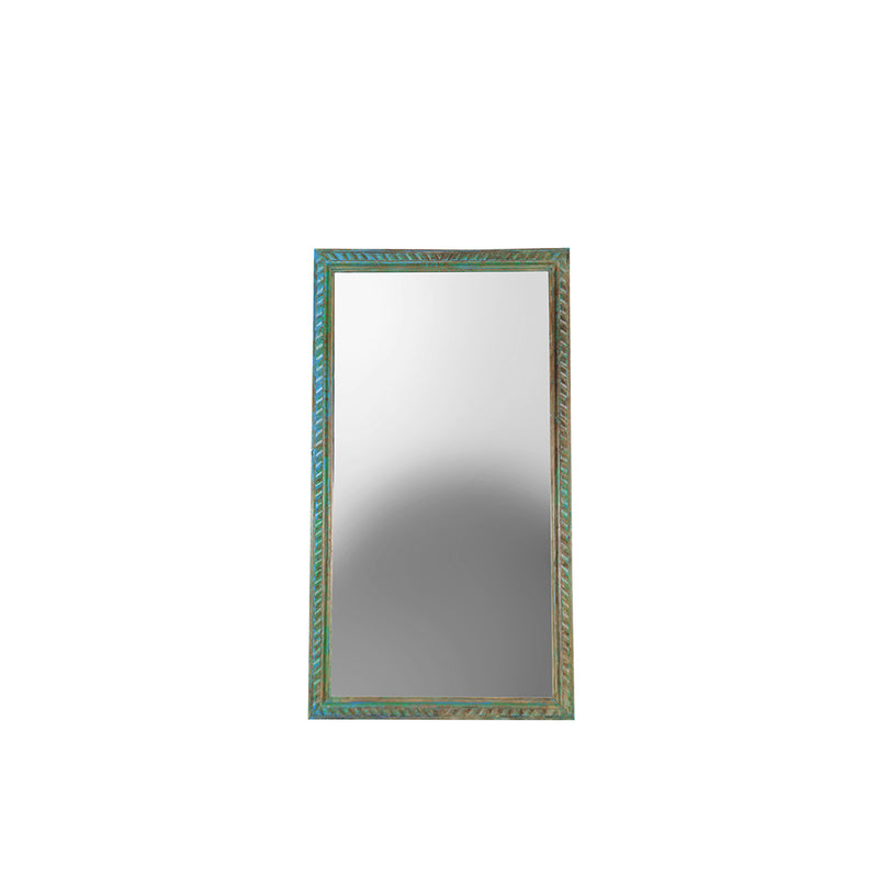 Espejo rectangular con marco de madera verde y grabados decorativos