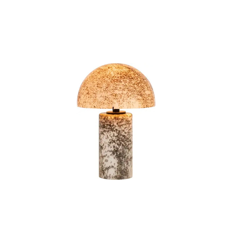 Lámpara de sobremesa de piedra volcánica dorada, tulipa redonda y base cilíndrica