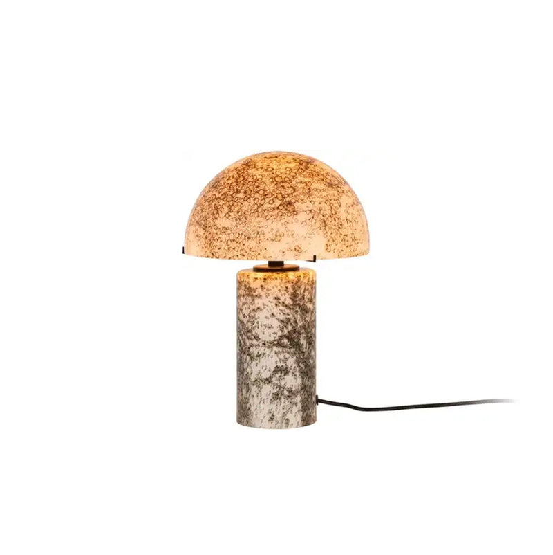 Lámpara de sobremesa de piedra volcánica dorada, tulipa redonda y cable negro