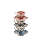 Conjunto de tazas de café con platos, estampado botánico rojo y azul